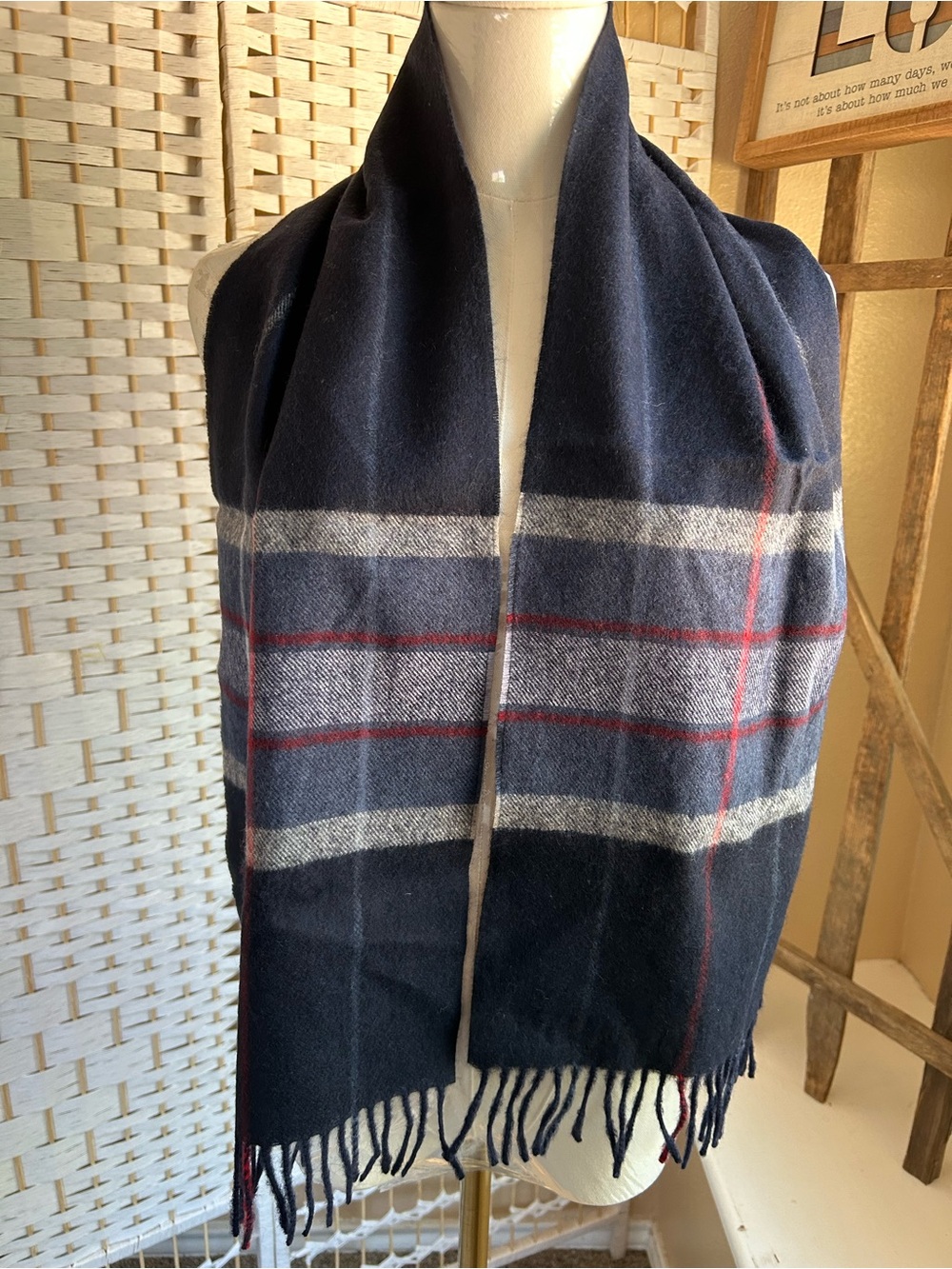Vintage STRAWBRIDGE & CLOTHIER Tartán Plaid Scarf Cashmere Mens Navy Red Gray